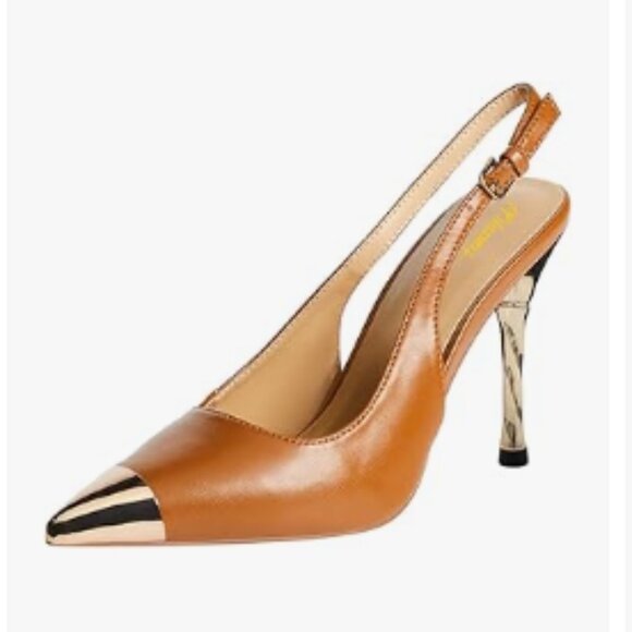 Milooey shoes Chocolate  Pointy Cap Toe Slingback Pumps Spiral High Heels Sandal - Picture 1 of 8